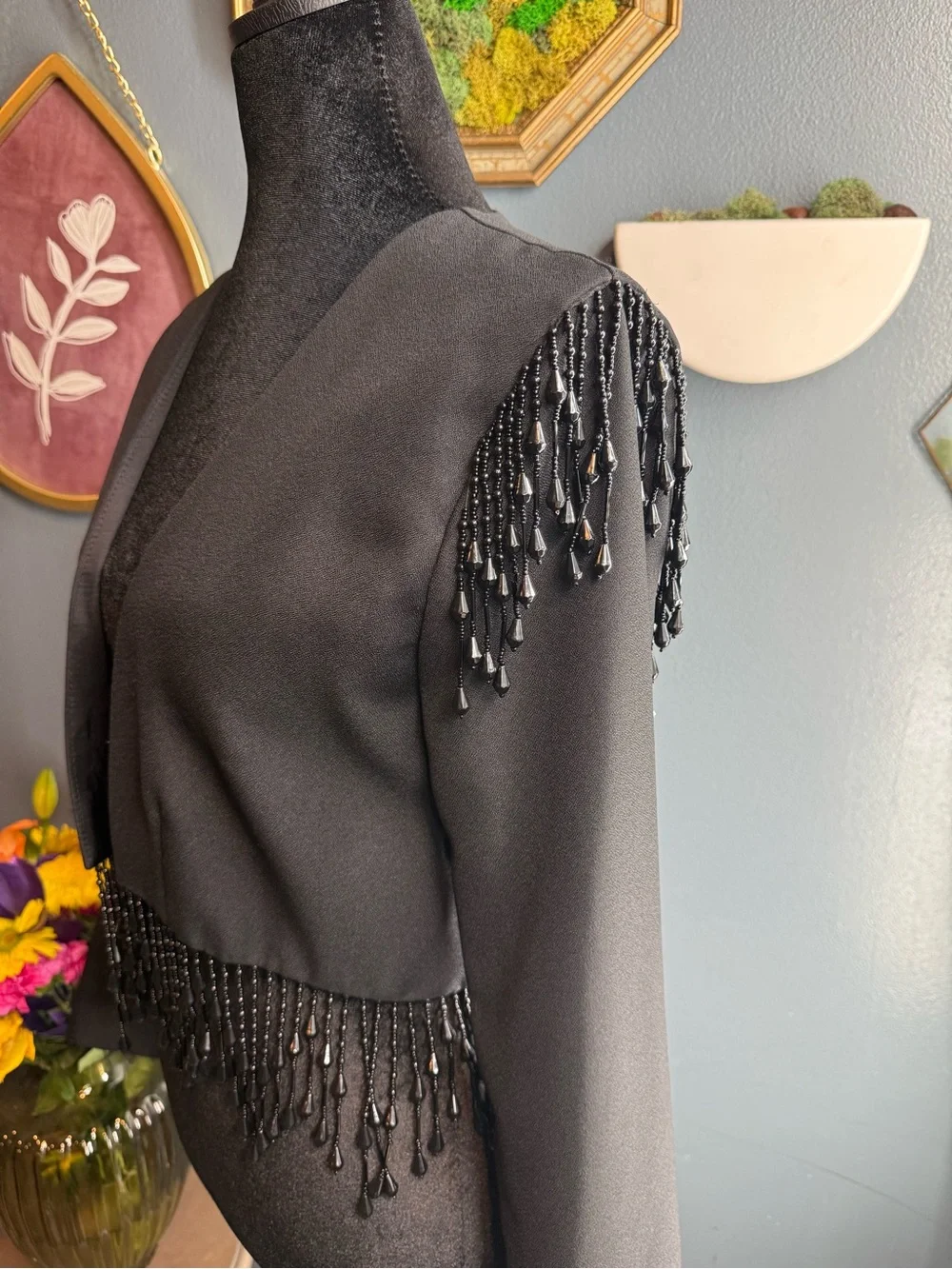 Vintage Alex Evenings Black Beaded Fringe Open-Front Blazer - Picture 3 of 5